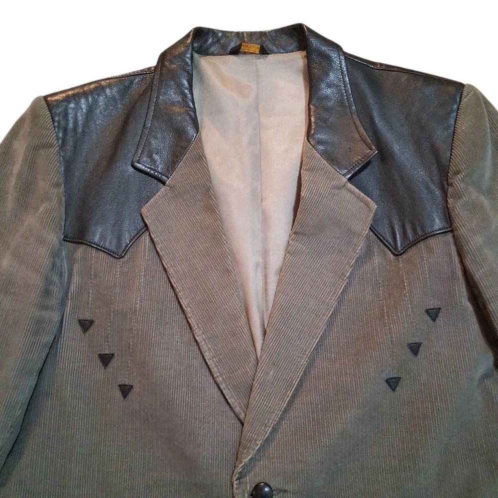 Vtg Pioneer Wear Men's Western Blazer Jacket Gray Corduroy Black Leather USA - Picture 4 of 13